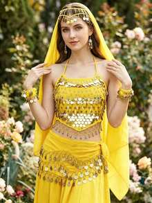 Coin Dangle Forehead Headscarf + Wrist Cuffs + Chest Ornament + Hip Decor, Multi-Scenario Body Decor For Belly Dance Halloween Cosplay Desert Travel Theme Party (Multiple Colors Available) - Multicolor - View 16