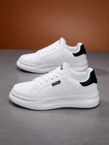Men's Height-Increasing Breathable Contrast Color Perforated Round Toe Low-Top Lace-Up Thick Sole Street Style White PU Sneakers - Black - View 6