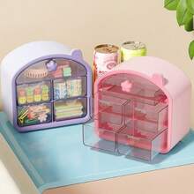 1pc Macaron Color Cat Ear Transparent Storage Box, Multi-Compartment Drawer Style, Desktop Organizer For Cosmetics, Hair Ties, Hair Clips And Miscellaneous Items - Multicolor - View 3