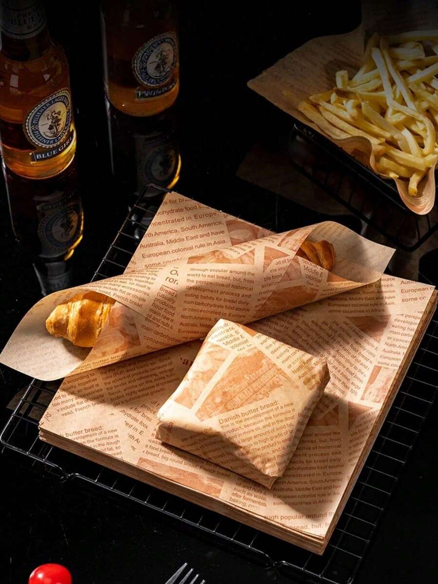 100 Sheets Oil-Proof Paper, Suitable For Fried Chicken, French Fries, Burgers, Oil-Absorbing Paper, Baking Paper, Sandwich Wrapping Paper, Vintage Newspaper Print Paper For Food Lining - Multicolor - View 1
