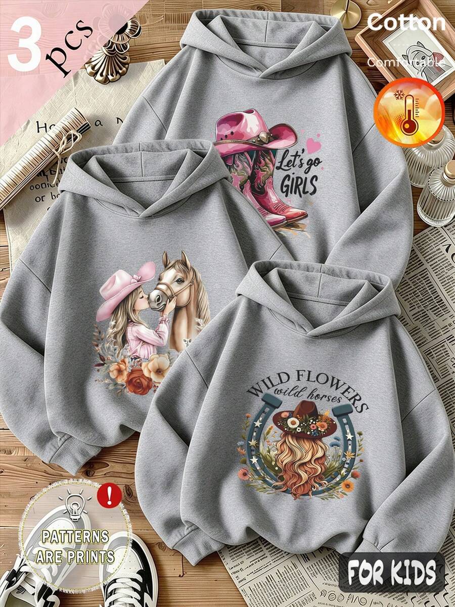 Autumn/Winter 3 Pieces Set For Girls: Fleece Hooded Sweatshirt With Denim Boots, Featuring Horse, Flower And Text Prints, Long Sleeve Soft Y2K Style - Heather Gray+Heather Gray+Heather Gray - View 1