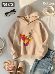 Autumn Winter Girls Fleece Hoodie Colorful Butterfly Print White Long Sleeve Y2K - Apricot - View 3