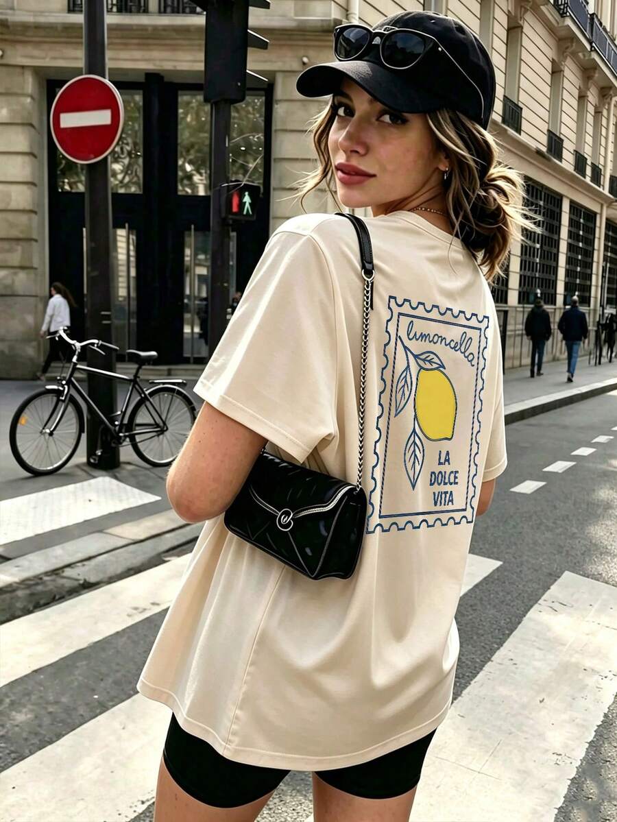 Plus Size Women's Italian Style Lemon Print T-Shirt, Minimalist Artistic Style, Italian Style, Round Neck, Short Sleeve, Casual Summer - Apricot - View 1