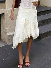Fall/Winter Embossed Print White Mid-Length Asymmetrical Elegant Skirt - White - View 4