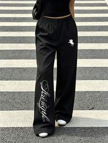 Tween Girl Black Loose Long Pants, White Amour Letter Print Pony Graphic Wide Leg Pants - Black - View 1
