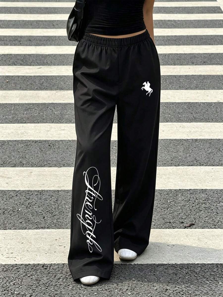 Tween Girl Black Loose Long Pants, White Amour Letter Print Pony Graphic Wide Leg Pants - Black - View 1