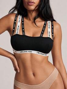 Bra Wanita Fashion dengan Motif Huruf dan Tali Bahu Ganda, Tanpa Kawat, Tali Bahu yang Dapat Diatur, Pakaian Dalam yang Nyaman - Hitam - View 3