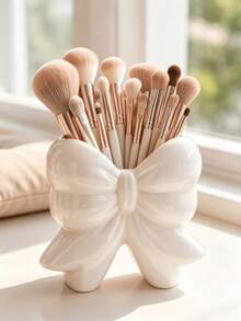 1pc Cute Bow Makeup Brush Holder, Elegant Ribbon Bow Cosmetic Storage Box, Vanity Desktop Decor Storage Bucket, Skincare Lipstick Pencil Holder, Cute Bedroom Vanity Decor Accessory, Home Decor Gift - A - View 2