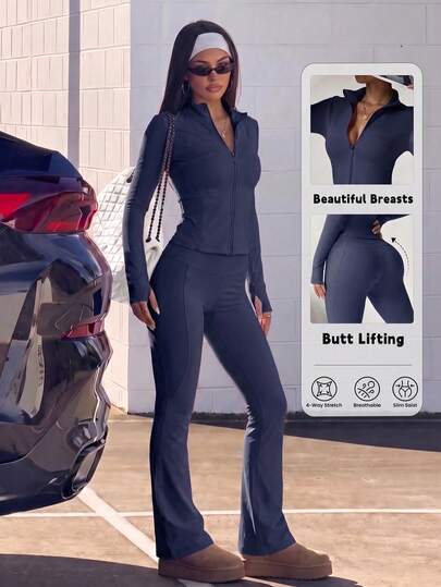 Street Style Women's 2 Pieces Athletic Set, Waist-Cinched Zipper Jacket Paired With Tummy-Control Thumbhole Flared Pants, Made Of 4-Way High-Stretch Fabric, Soft And Skin-Friendly, Stretchable And Unrestricted, Breathable And Moisture-Wicking, Jacket With Waist-Shaping Cut, Front Zipper Closure For Easy On And Off, Compressive Waist To Tighten Abdominal Fat, Thumbhole Cuffs To Secure Sleeves And Prevent Slipping, Suitable For Sports And Sun Protection, High-Waist Flared Pants With Strong Tummy Control And Butt Lift, Soft Hem To Flatter Calf Lines And Visually Lengthen Legs