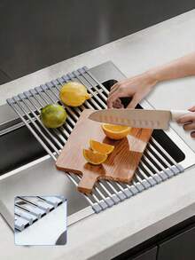 1pc 47cm 15-Tube Stainless Steel Foldable Sink Drain Rack, Space-Saving Dish Drying Rack With Roll-Up Design, Suitable For Kitchen Dish Washing, Drying And Draining, Cloth And Sponge Drying Rack - Light Grey - View 4