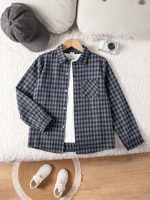 Boys Classic Streetwear Versatile Red & Grey Plaid Long Sleeve Shirt, Suitable For Vacation, Daily Casual Wear - Multicolor - View 4
