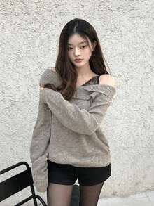 Áo len dệt kim trễ vai viền ren 2 trong 1 phong cách Hàn Quốc thanh lịch cho mùa thu - Xám - Xem 7