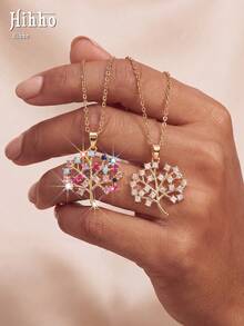 Hihho 1pc Tree Of Life Colorful Zirconia Necklace For Women, Gold Lucky Tree Pendant, Luxury Versatile Daily Collarbone Chain Gift (Random Color Zirconia) - Tree Of Life - View 3