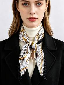 1pc New Vintage Equestrian Style Black With Gold Chain Rein Pleated Silk Scarf, Satin Pointed Triangle Bandana, Commuter Outfit Bag Accessory Small Scarf - Multicolor - View 6