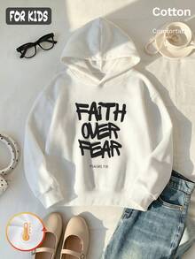 Autumn Winter Girls Fleece Hoodie With FAITH OVER FEAR PSALMS 118 Print White Black Text Long Sleeve Ribbed Cuffs Y2K - White - View 3