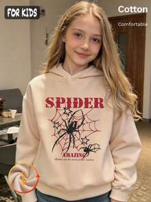 هودي صوف للبنات للخريف والشتاء مع شبكة عنكبوت حمراء وعنكبوت أسود ونص SPIDER AMAZING وطباعة صغيرة Y2K - لون مشمشي - مشاهدة 4
