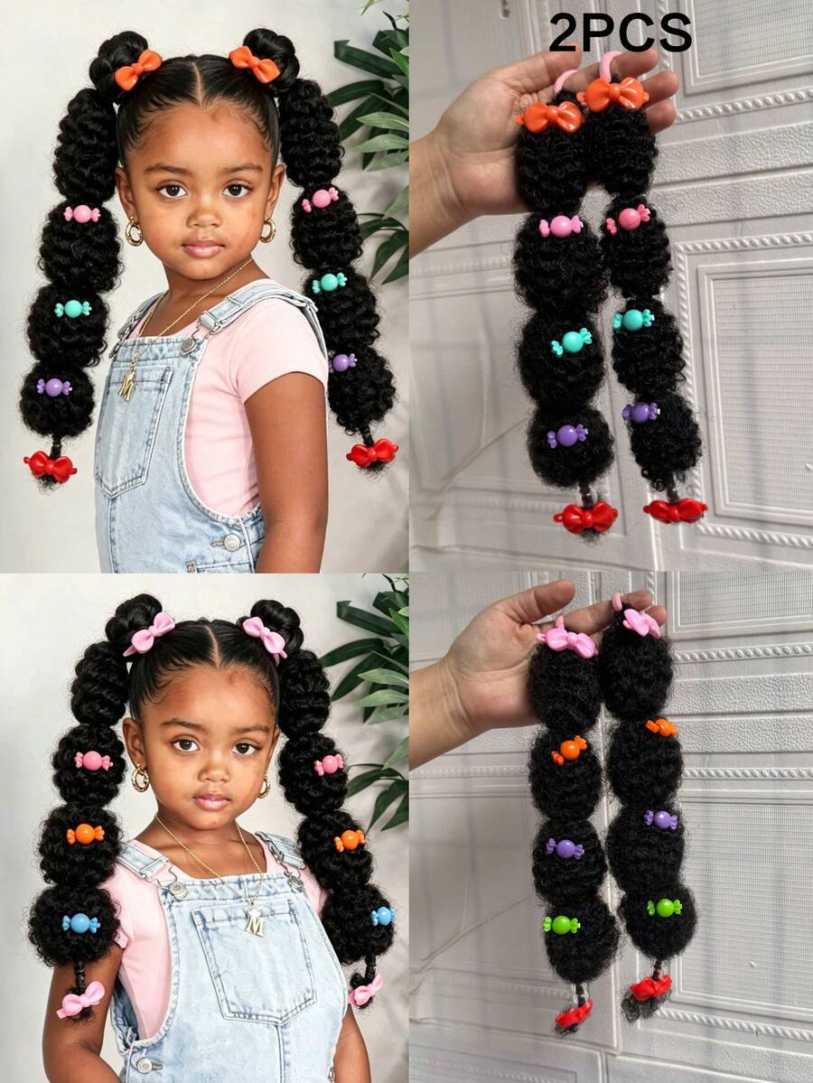 2pcs Kids Cute Small Mali Bubble Fluffy African Braided Ponytail Hair Extensions Accessories Ponytail Hair Decoration For Girls