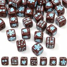 10pcs 15mm Autumn/Winter Brown Square Acrylic Beads With Blue Printed Pattern, DIY Jewelry Making Materials For Bracelets, Necklaces, Keychains, Bag Charms - Brown - View 1