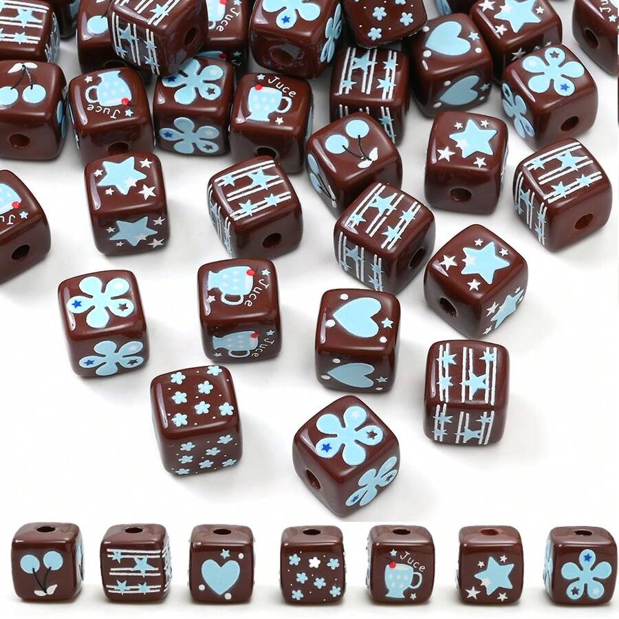 10pcs 15mm Autumn/Winter Brown Square Acrylic Beads With Blue Printed Pattern, DIY Jewelry Making Materials For Bracelets, Necklaces, Keychains, Bag Charms - Brown - View 1