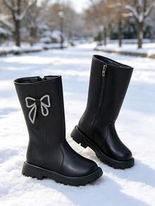 1 Pair Tall Riding Boots, Soft PU + Rhinestone Bow Material, Round Toe, Warm Thick Sole, Fashionable Cute High-Top Basic Princess Boots, Suitable For Female Students Daily Casual Outdoor Autumn/Winter New Style - Black - View 2