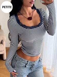 Women's Elegant Street Style Lace Patchwork Striped Top - Navy Blue - View 3