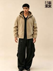 mulinsen Men's Hooded Zipper Fleece Jacket With Thick Lining For Warmth, Outdoor Casual Winter Loose Top - Khaki - View 4