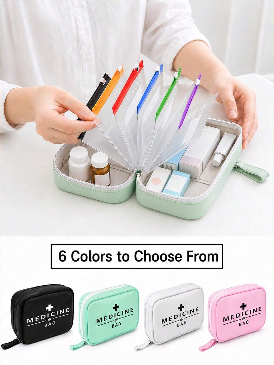 A8 Waterproof Pill Box Set, Large Capacity 7-Day Pill Organizer, Suitable For Twice Daily Use, Includes 7 Color-Coded Storage Bags, Reusable Travel Pill Box - Multicolor - View 1
