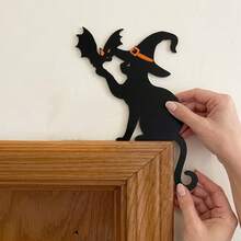 4pcs Halloween Door Corner Decor 2D Flat Black Cat With Witch Hat And Bat Silhouette Door Frame Topper For Home Party Entryway And Window Corner Decoration - A - View 2