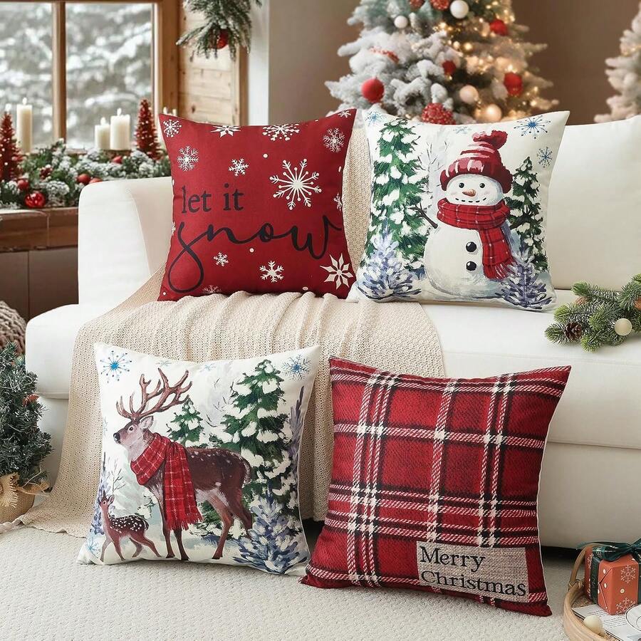 4Pcs Christmas Throw Pillow Covers, Snowman Reindeer Red Plaid Snowflake Pattern Decorative Cushion Cases For Sofa Couch Holiday Home Decor, Single Sided Print, Pillow Inserts Not Included - Red - View 1