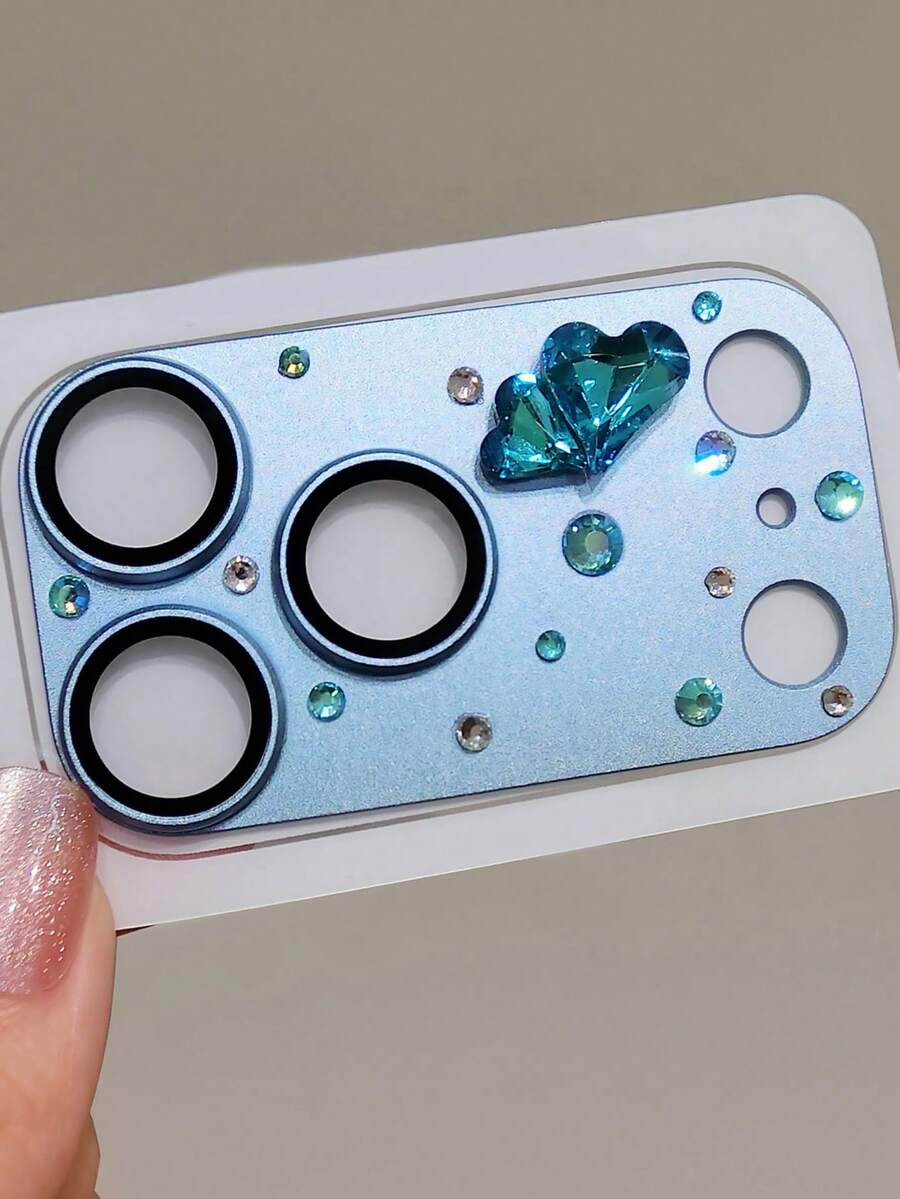 Luxury Shining 3D Heart Diamond Rhinestone Handmade Camera Protector Compatible With IPhone 18 Pro Max 18 Pro 17 Pro Max 17 Pro Matte Scratch-Proof Lens Glass Tempered Film - Light Blue - View 1