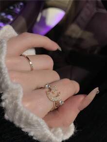 1pc Star & Moon Open Ring, Fashionable Design, Personalized, High-End, Elegant, Versatile, Adjustable Index Finger Ring, Suitable For Teenage Girls - Gold - View 4