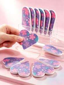 Nail Care Tool Set, Purple Heart-Shaped Floral Pattern Polishing Nail File, Nail Edge File, Frosted Shaping And Polishing Strip, Suitable For Beginners And Nail Salons - Multicolor - View 1