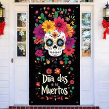 2D Flat Banner, Mexican Day Of The Dead Theme Decoration Party Width, Painted Sugar Skull Pattern Design, Party Decoration, Hanging Cloth For Door Frame Decoration, Indoor And Outdoor Courtyards, And Various Styles. - 1 - View 11
