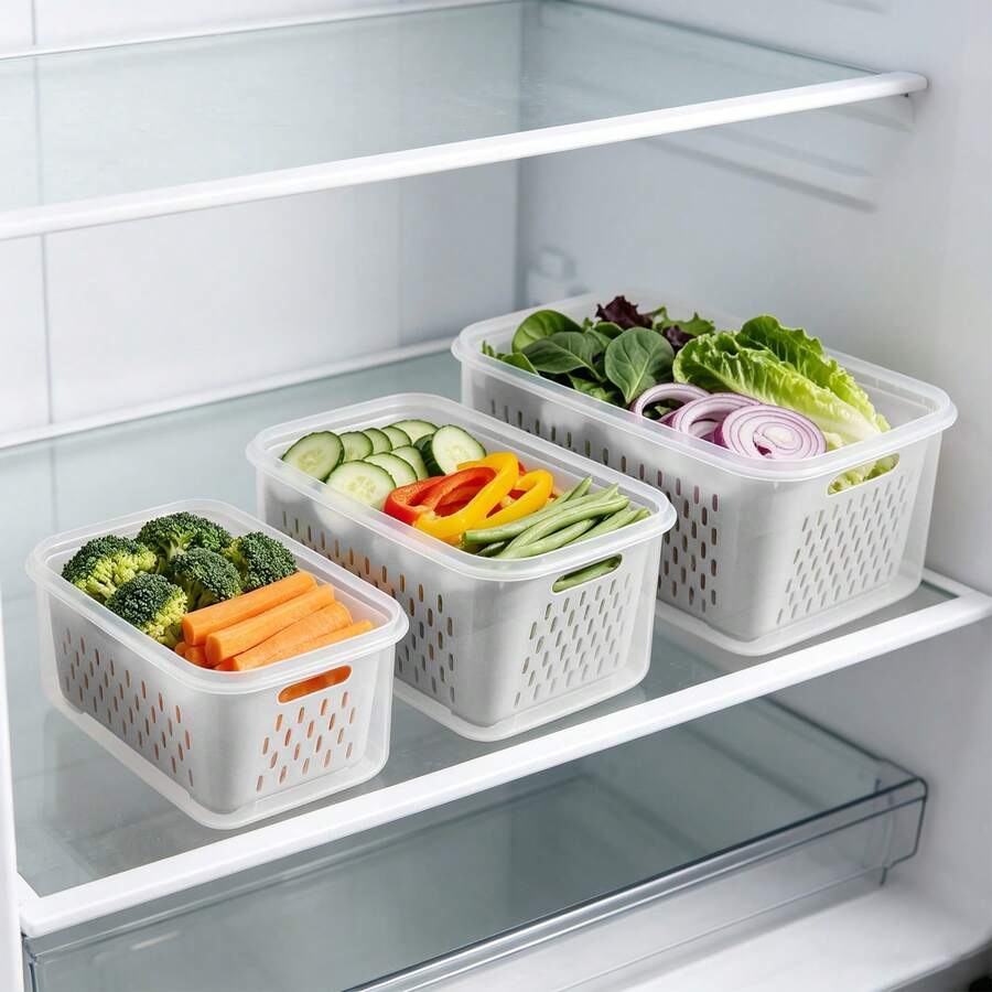 Virellio Refrigerator Vegetable Fruit Storage Containers Grey With Drain Basket Stackable Kitchen Organiser Bin For Meal Prep - Grey - View 1