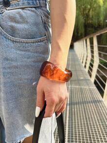 Wide Amber Resin Bracelet With Brown-Red And Orange Natural Texture, Translucent Warm Glossy Fashion Accessory, Vintage Mosaic Style, Thoughtful Gift For Women - Coffee Brown - View 2