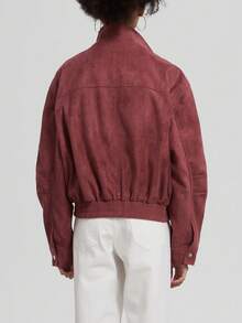Se-Helo Women's Autumn/Winter Burgundy Turn-Down Collar Zipper Dropped Shoulder Ribbed Hem Loose Short Jacket - Burgundy - View 9