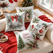 4pcs/1pc Christmas Wreath & Bow Pattern Pillow Covers, Single-Sided Printed Pillow Covers, Suitable For Living Room, Bedroom, Home Decor, All-Season Pillow Covers - Multicolor - View 5