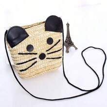 1pc Mini Kids Cartoon Straw Woven Crossbody Bag With Zipper Closure Coin Purse Hard Coin Bag Casual Shoulder Bag For Girls Suitable For Summer Daily Use - Cartoon Cat Straw Crossbody Bag - View 6