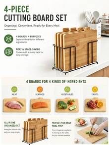 Bamboo Cutting Board Set With Metal Storage Rack, 4pcs Labeled Chopping Boards For Meat Fish Vegetable Chicken, Separated Food Prep Boards, Kitchen Counter Organizer,Easy To Clean,Kitchen Essentials,Kitchen Accesory - Bamboo and Wood Color - View 4