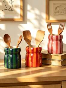 1pc Dual-Color Striped Ceramic Storage Jar, Tableware Organizer, Chopstick Holder, Suitable For Kitchen Storage, Tableware Storage, Home Decor, Back To School Supplies, Holiday Gifts - Multicolor - View 9