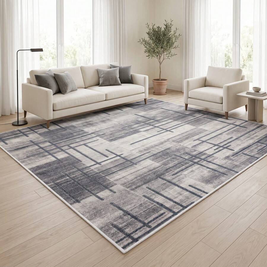 Washable Modern Minimalist Patterned Area Rug – Scandinavian Geometric Design, Contemporary Washable Carpet For Living Room, Bedroom & Home Decor - Mocha Brown - View 1
