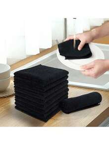 Black Flat Cleaning Cloth Set, Ultra Soft, Quick Dry And Absorbent, Suitable For Kitchen, Bathroom, Home, Household Cleaning Supplies - Black - View 4