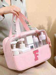1pc Pink PU Leather Transparent Toiletry Bag, Portable Chenille Letter Storage Bag With Embroidered Letters, Makeup Bag, Wash Bag, Travel Bag, Bathroom Accessory, Suitable For Home, Outdoor, Daily Use. - Multicolor - View 23