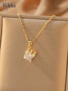 Hihho 1pc Vintage 3D Crown Necklace, Gold & Silver Dual Color Optional, Exquisite Women's Versatile Collarbone Chain - 3D Crown - View 10