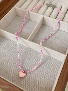 Mori Style Candy Color Heart Beaded Necklace For Women, Ins Cute Sweet Elegant Collarbone Chain, 1pc (Bead Color Random) - Pink - View 2