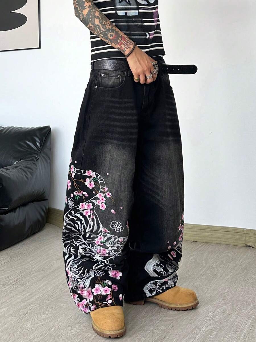 Justice Brother 1pc Korean Streetwear Style Personalized Design Dual-Color Embroidered Leg Black Denim Jeans Men's All-Season Versatile Loose Comfortable Wide Leg Pants (Belt/Accessories Not Included) - Black - View 1