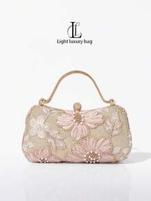 New Women's Floral Sequin Beaded Clutch, 3D Mesh Flower Sequins Evening Bag, Gold Handle Formal Wedding Bridal Bag, Party Holiday Gift (Random Pattern) - Gold - View 1
