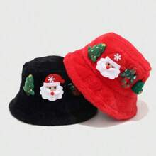 1pc Christmas Faux Rabbit Fur Bucket Hat For Women, Warm Winter Bucket Hat With Santa Claus Decoration, Cute Holiday Cap, Cozy Soft Fashion Gift - Multicolor - View 3