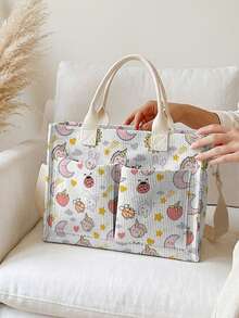 1pc Cute Cartoon Patterns Print Corduroy Multi-Pocket Large Capacity Storage, Snap Button Closure, Shoulder Tote Bag For Student Daily Commute School - Multicolor - View 5