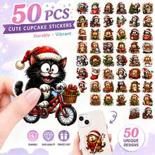 50PCS Christmas Illustrated Cat Sticker Pack, Cute Festive Holiday Kitty Decals, Funny Santa Hat Cat Designs, For Journal, Laptop, Water Bottle, Scrapbook, Gift Wrapping, Winter Party Decor, Cat Lovers - Multicolor - View 1